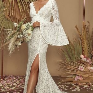 Lulus Wedding Dress Duchess Ivory Lace Bell Sleeve Maxi Dress Size Small